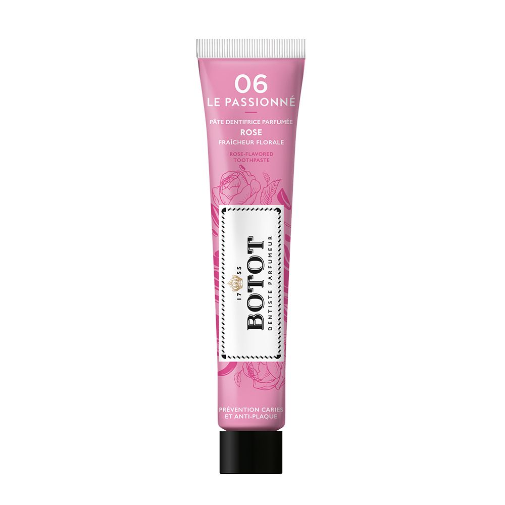 BOTOT Le Passionné 06 Dentifrice en tube rose à motif de roses. Contient 75ml.