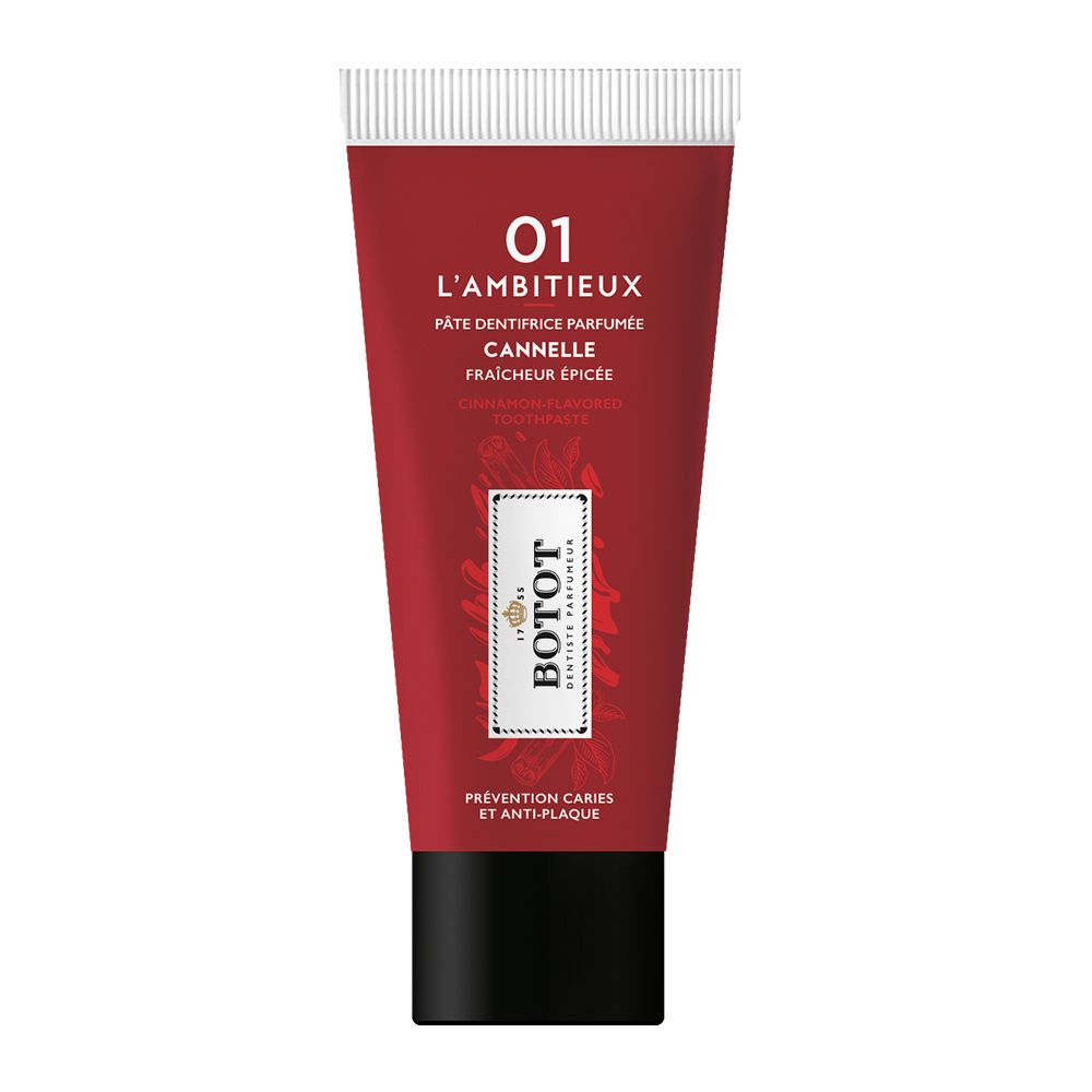 Tube rouge avec bouchon blanc, dentifrice BOTOT, parfum cannelle.