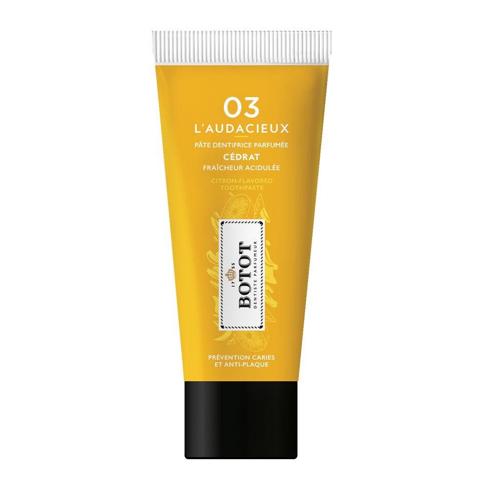 Tube de dentifrice jaune BOTOT L'AUDACIEUX 03, parfum cédrat.