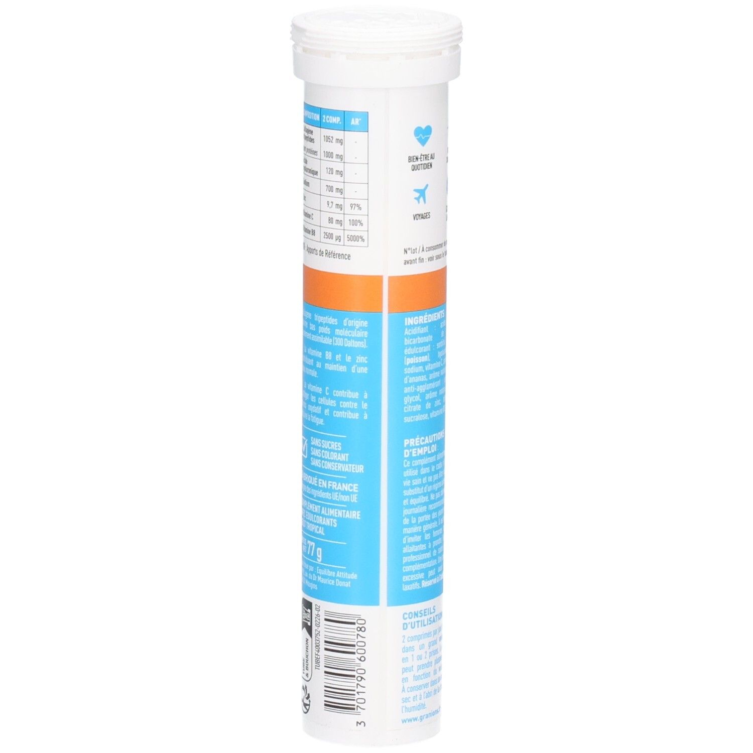 Vue latérale du tube avec informations nutritionnelles et code-barres.
