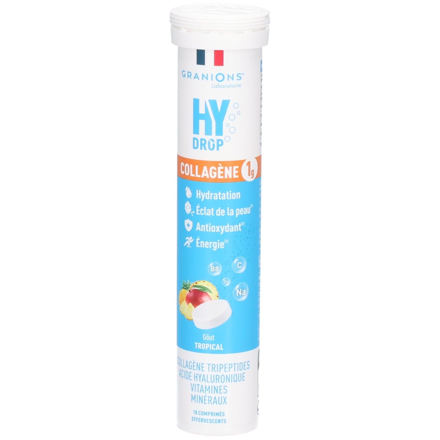 Tube de 18 comprimés effervescents, GRANIONS HYDROP COLLAG TROP.