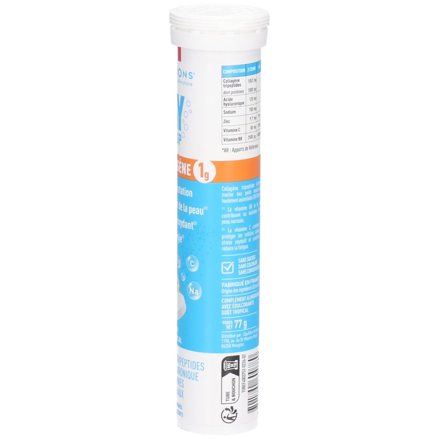 Vue latérale du tube avec informations nutritionnelles et instructions d'utilisation.
