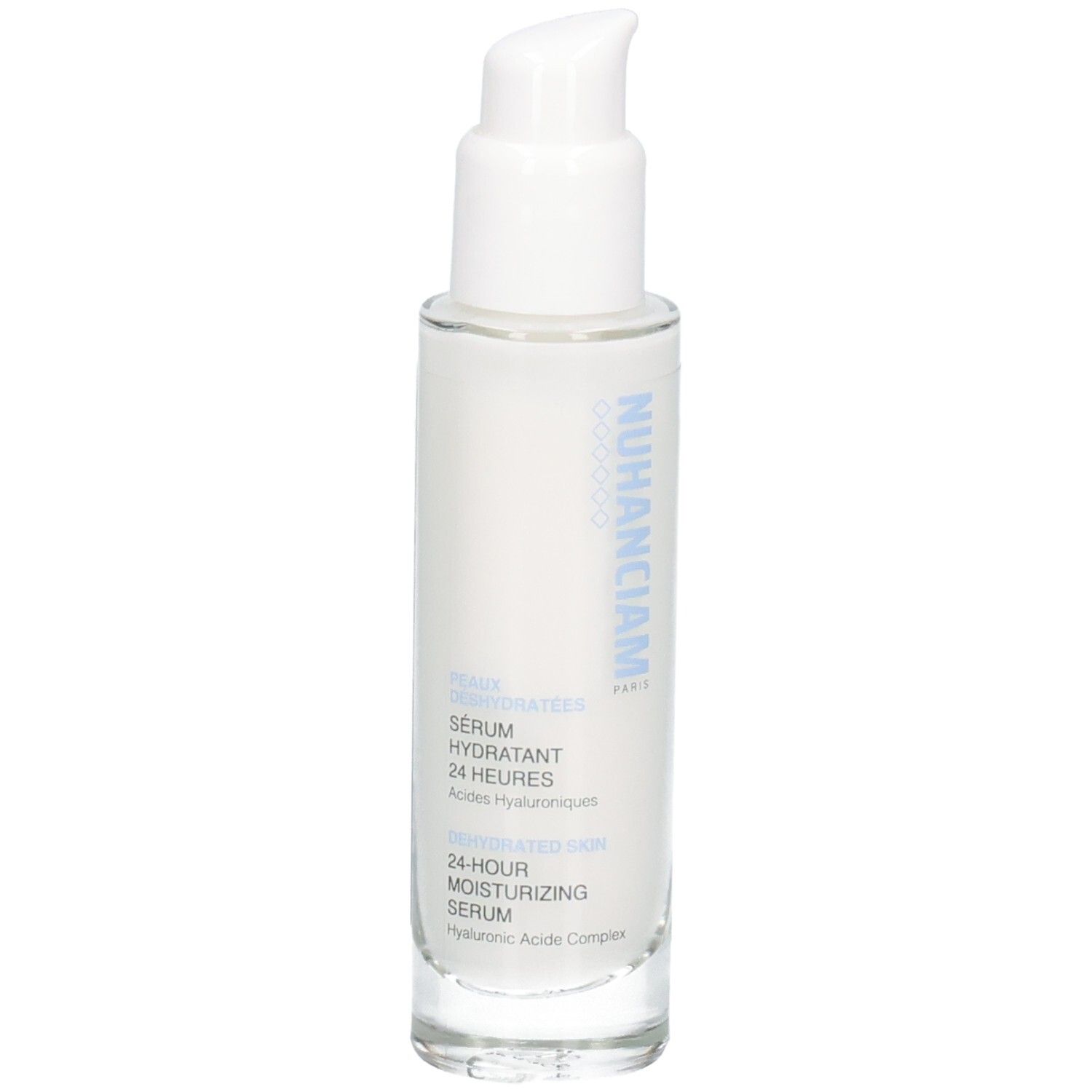 Sérum hydratant 24h Nuhanciam dans un flacon blanc avec pompe.