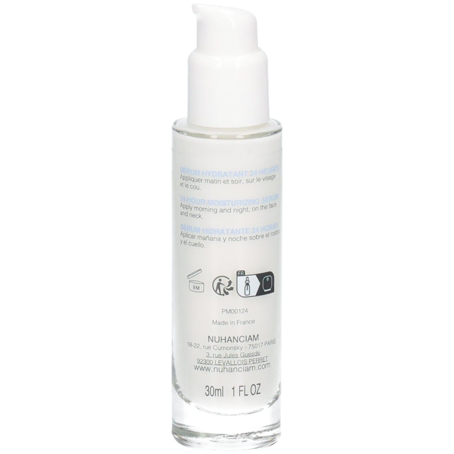 Arrière du flacon de sérum hydratant 24h Nuhanciam avec instructions et informations.