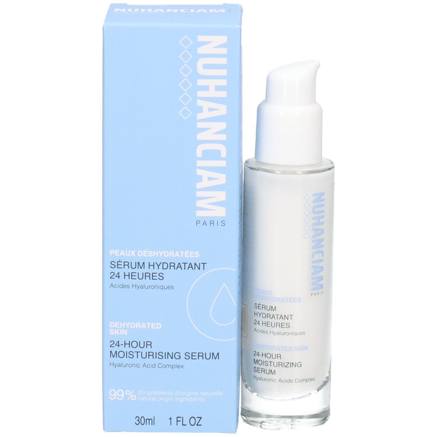 Sérum hydratant 24h Nuhanciam avec sa boîte d'emballage bleue.