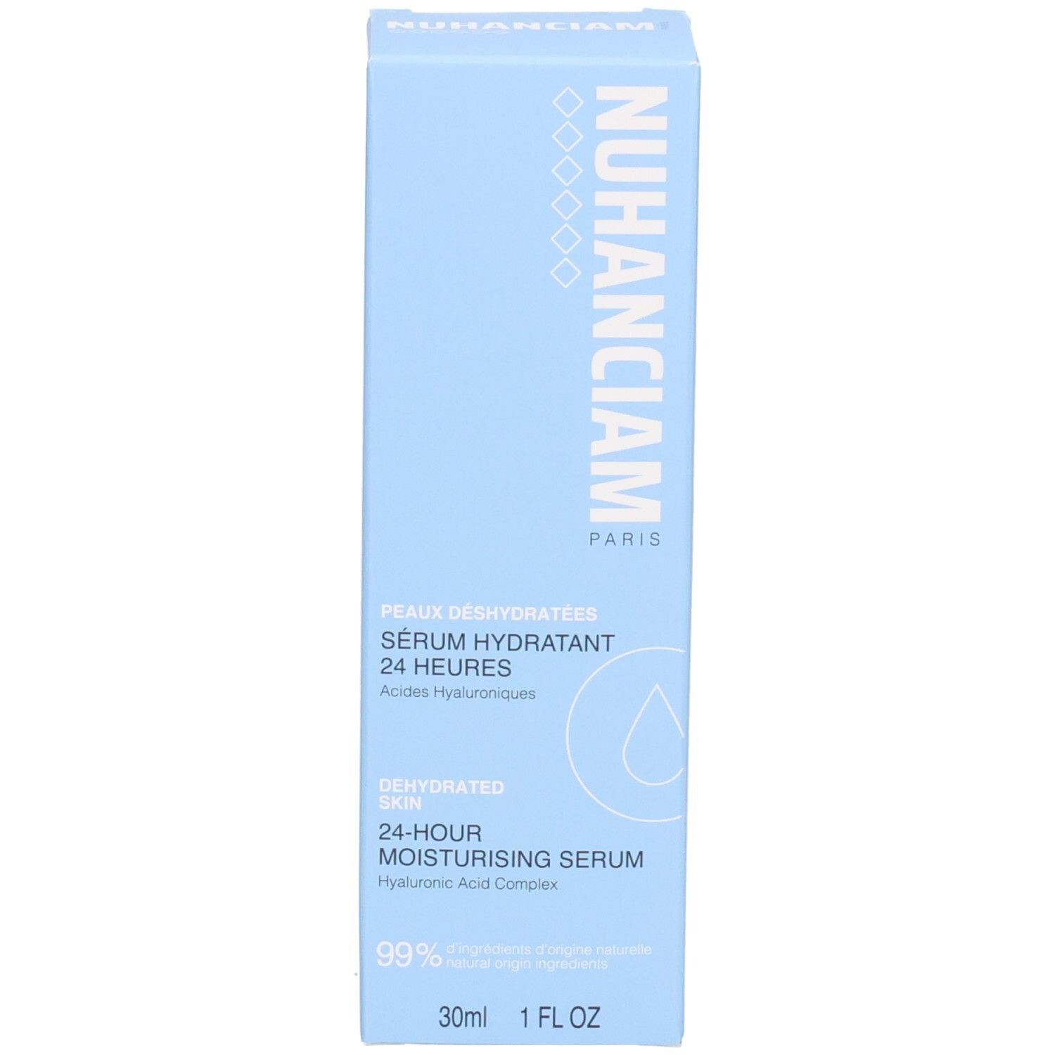 Boîte d'emballage bleue pour le sérum hydratant 24h Nuhanciam.