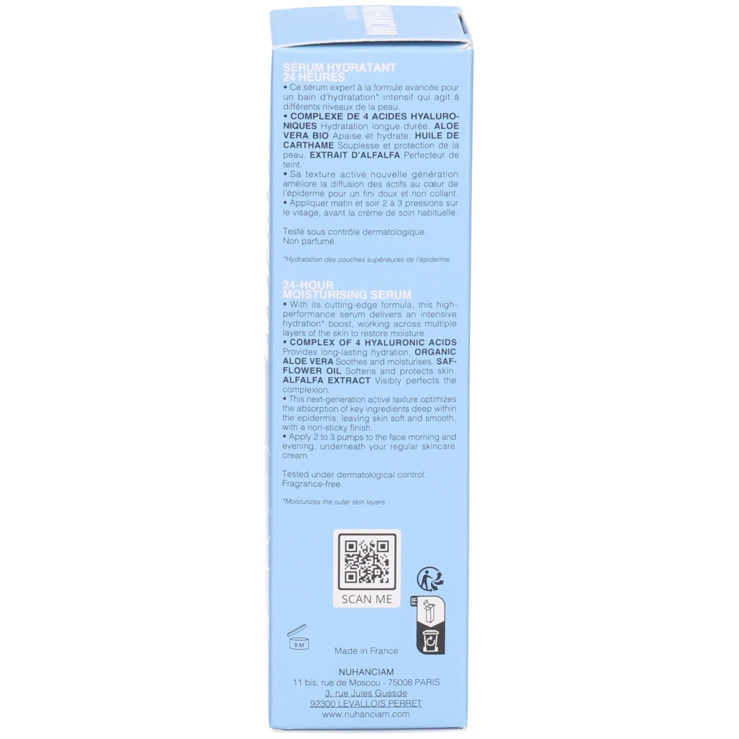 Côté de la boîte Nuhanciam avec instructions d'application et code QR.