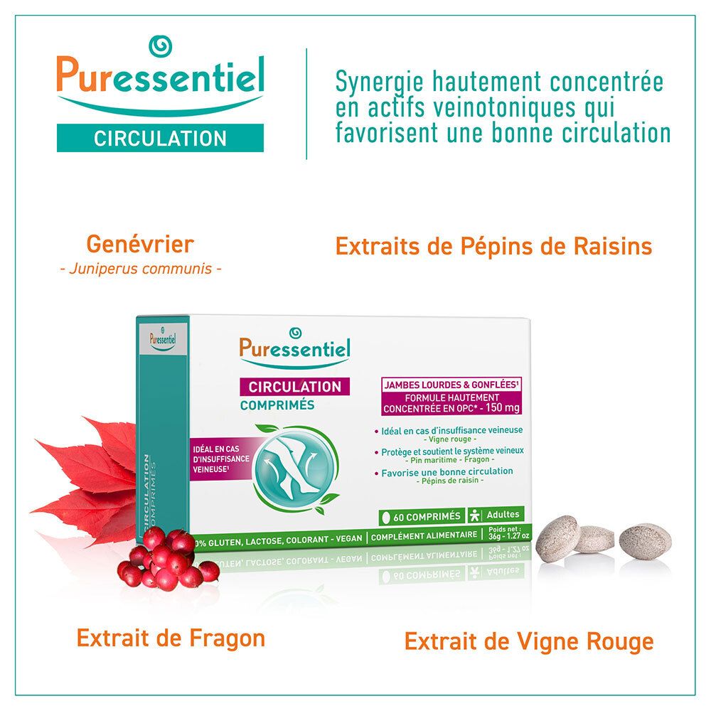 Boîte Puressentiel Circulation Comprimés, genièvre, raisins rouges et trois comprimés.