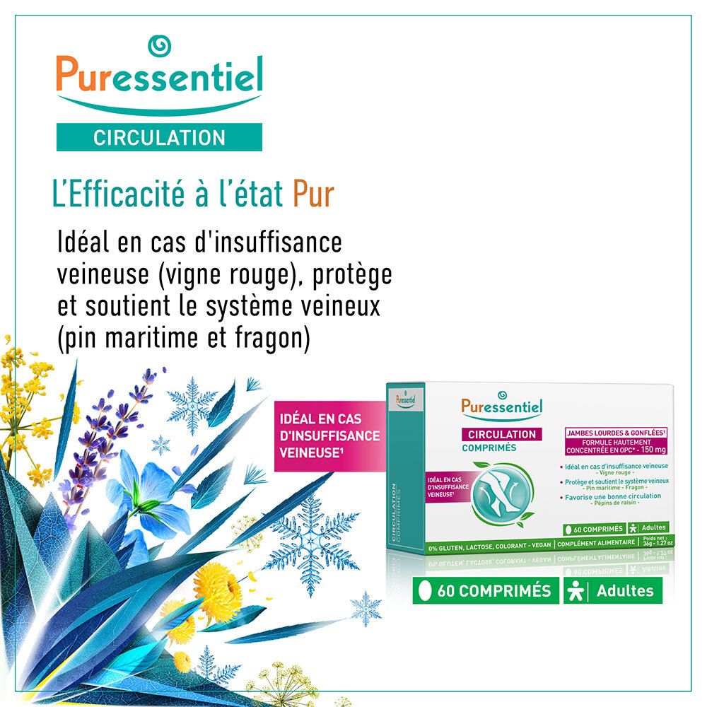 Boîte Puressentiel Circulation Comprimés avec décoration florale et flocons de neige.