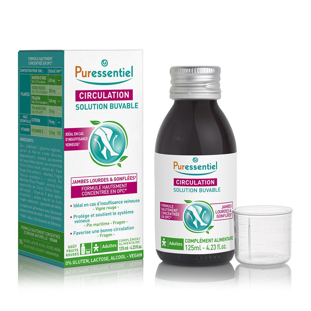 Puressentiel Circulation Solution Buvable, flacon et boîte. Image de jambes dans un cercle.