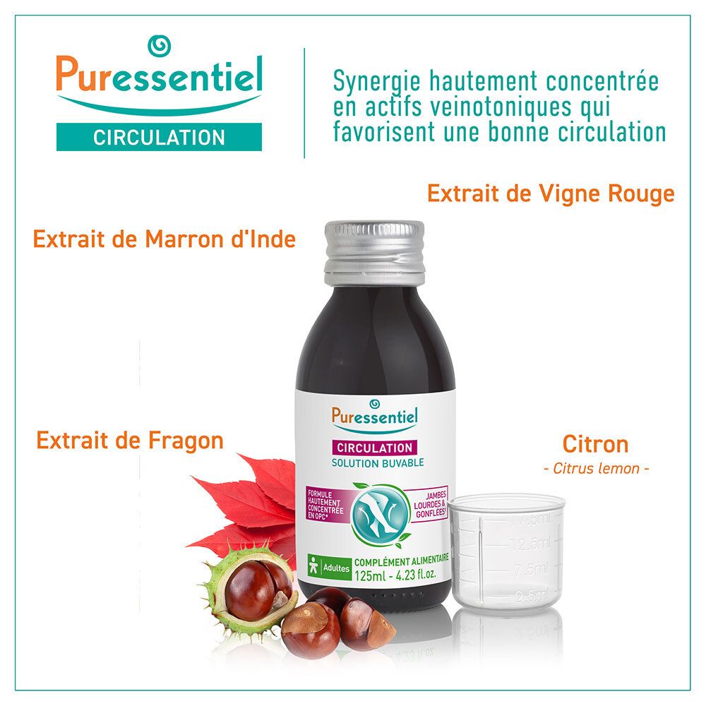 Puressentiel Circulation Solution Buvable, flacon avec ingrédients: marron d'Inde, vigne rouge, fragon, citron.