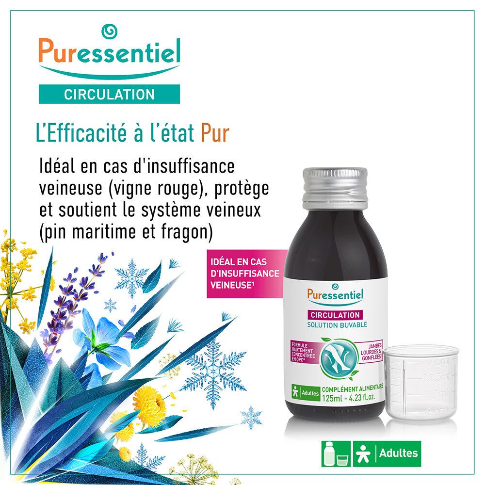 Puressentiel Circulation Solution Buvable, flacon avec fond floral et flocons de neige.