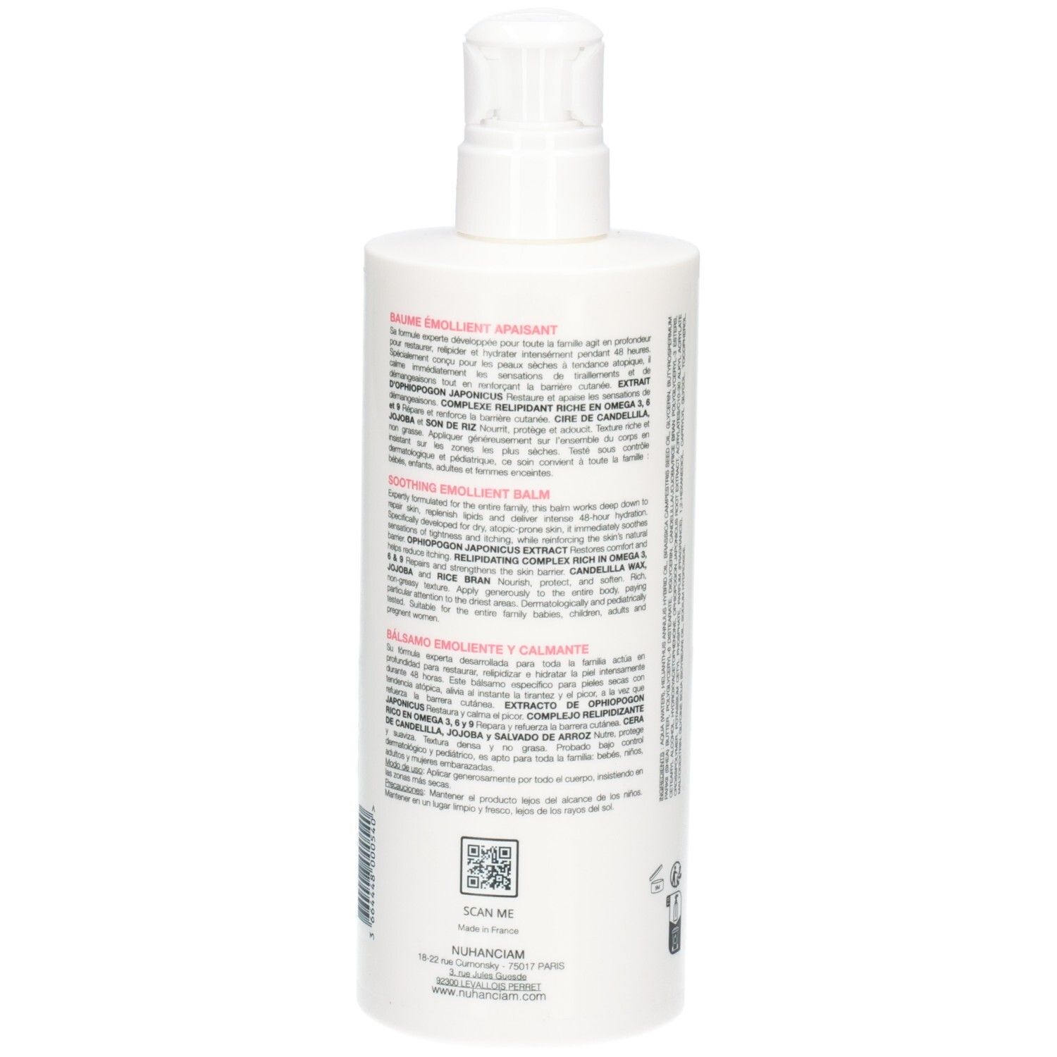 Arrière d'un flacon blanc avec informations produit et code QR.