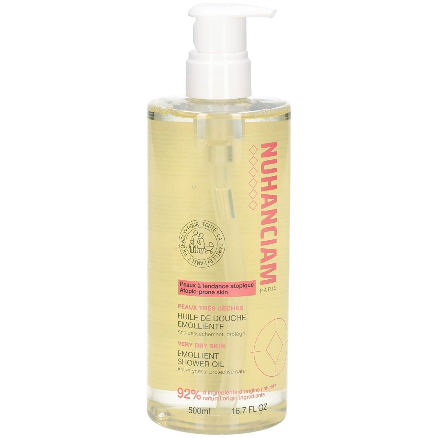 Flacon NUHANCIAM Huile de Douche Émolliente avec pompe, pour peaux très sèches et atopiques.