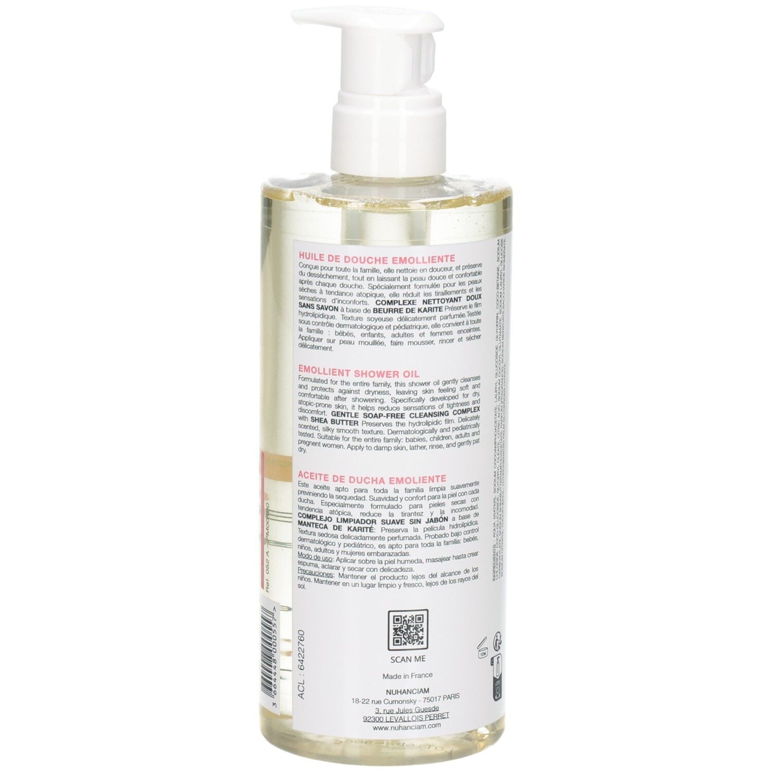 Arrière du flacon NUHANCIAM Huile de Douche Émolliente avec pompe, avec informations produit.