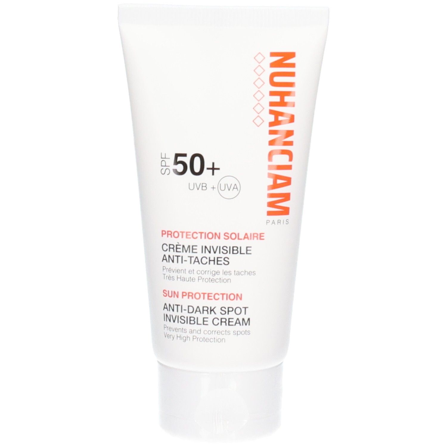 Crème solaire Nuhanciam SPF 50+, formule invisible anti-taches.