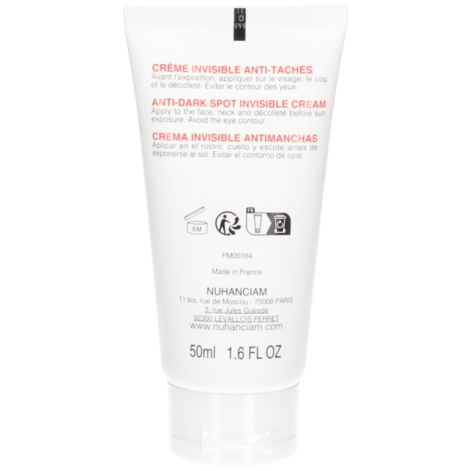 Arrière du tube de crème solaire Nuhanciam avec instructions et ingrédients.