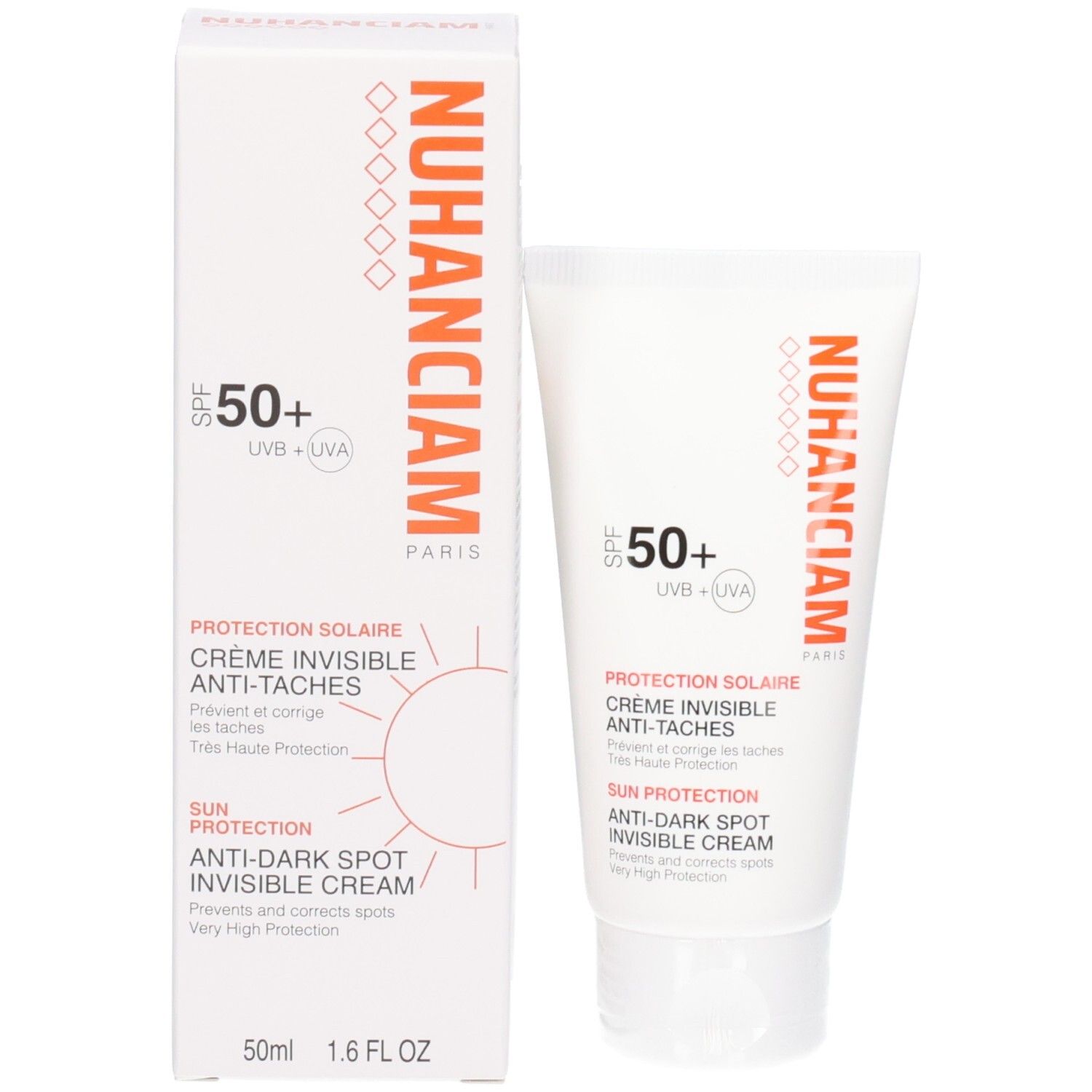 Crème solaire Nuhanciam SPF 50+ et sa boîte avec symbole solaire.