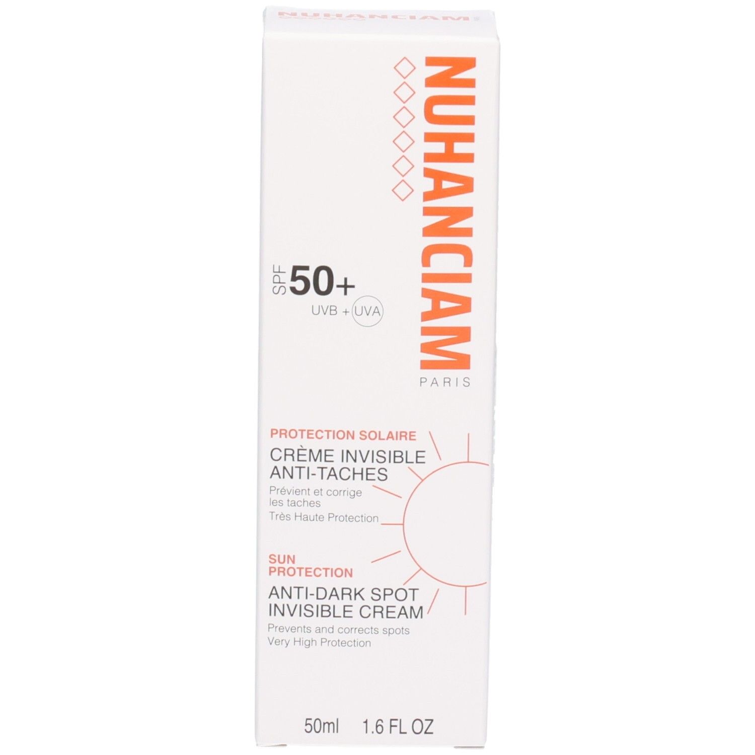 Boîte de crème solaire Nuhanciam SPF 50+ avec symbole solaire.