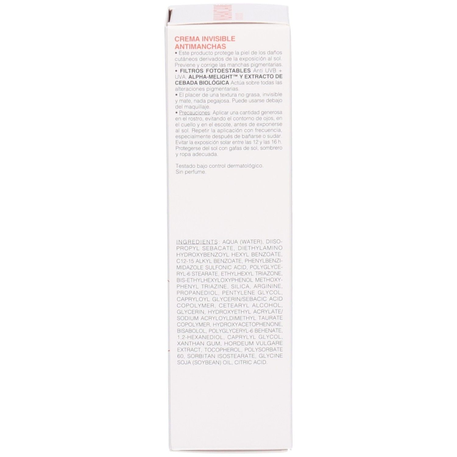 Côté de la boîte de crème solaire Nuhanciam avec liste détaillée des ingrédients.