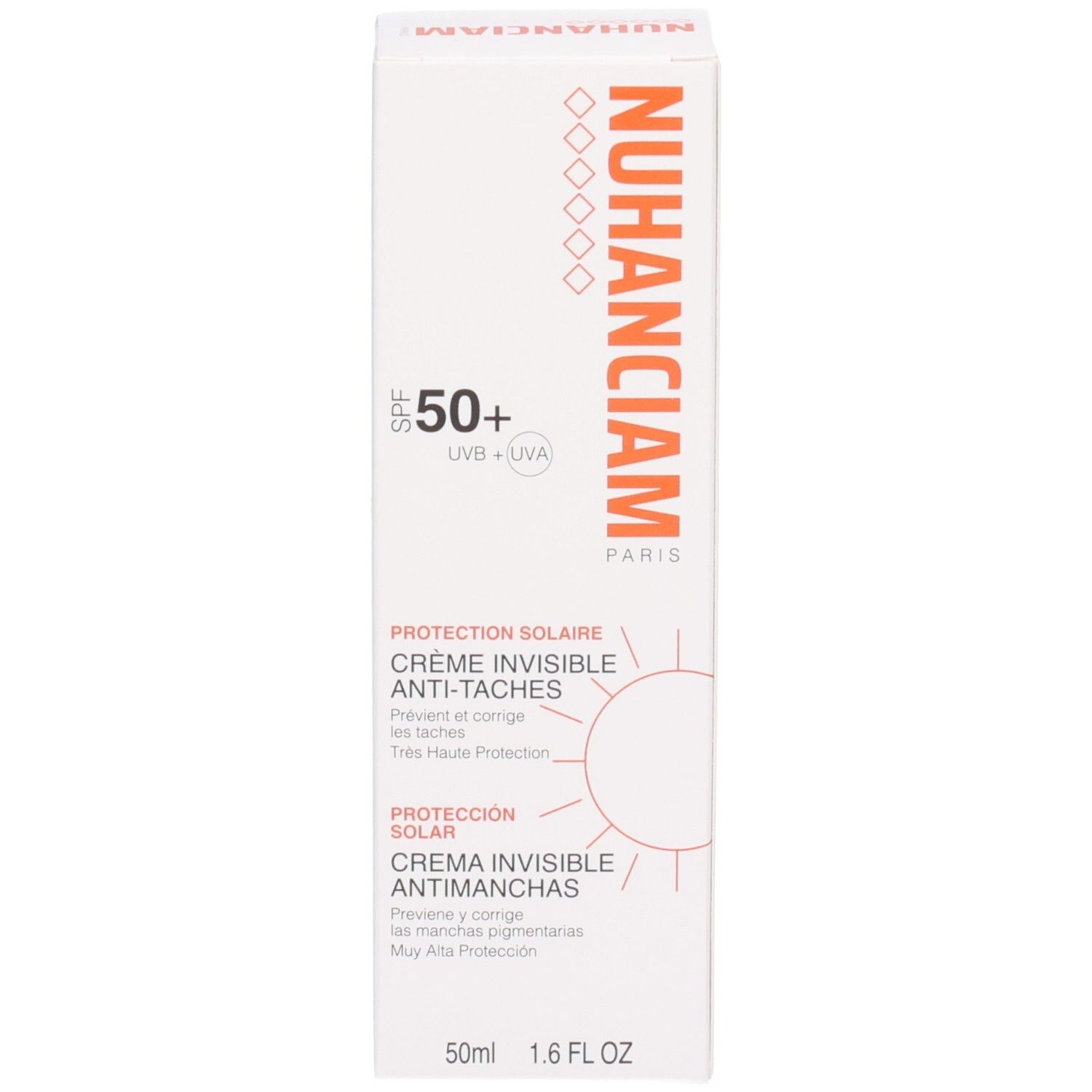 Crème solaire Nuhanciam SPF 50+ et sa boîte, vue de face et de côté.