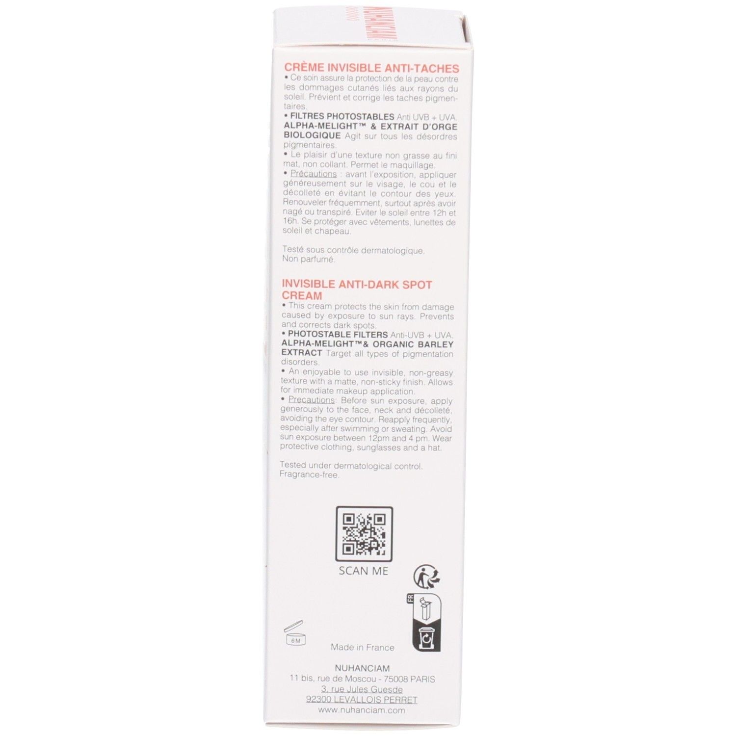 Côté de la boîte de crème solaire Nuhanciam avec QR code et instructions.