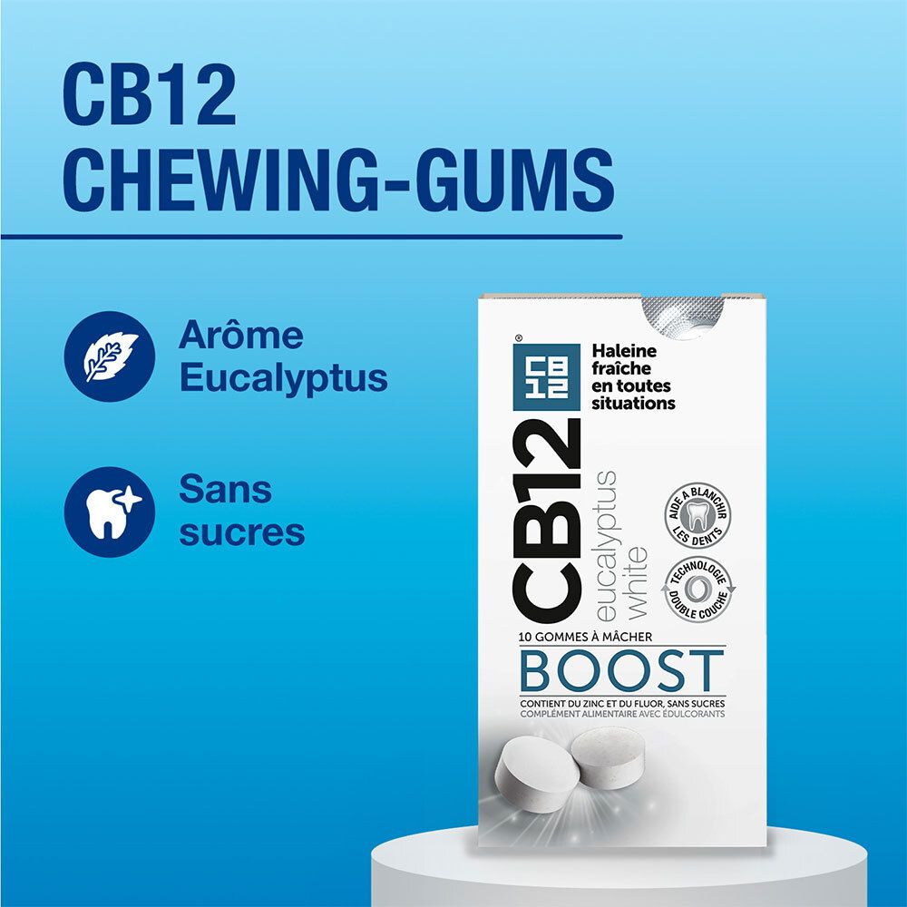 Boîte CB12 Boost White chewing-gums, 10 pièces. Arôme Eucalyptus, sans sucres.