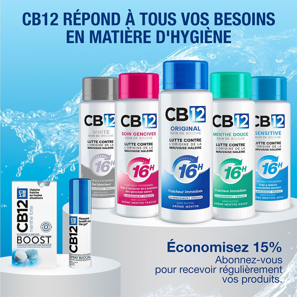 Gamme de produits d'hygiène bucco-dentaire CB12, incluant CB12 Boost White chewing-gums.