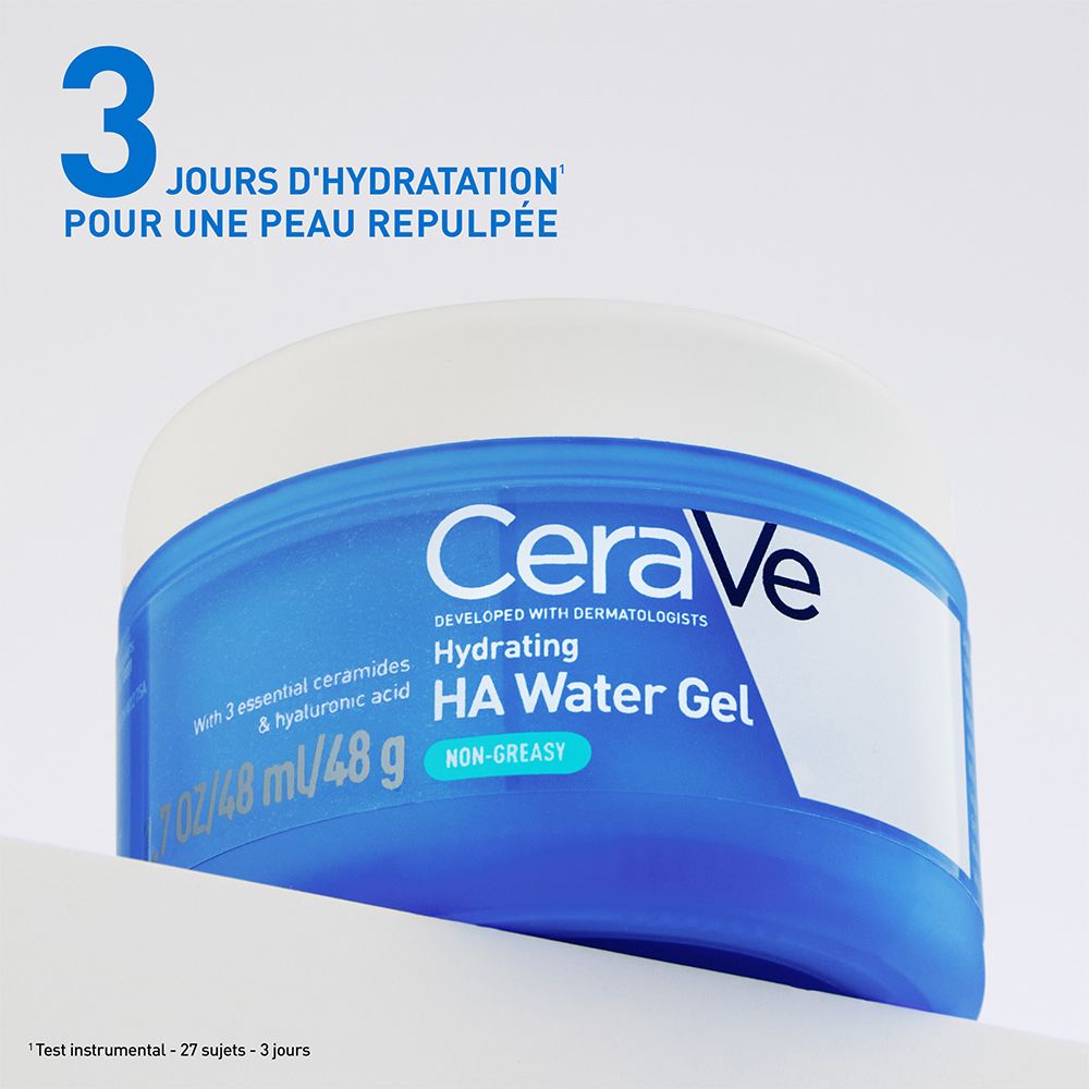 Pot bleu. Inscription CeraVe, Hydrating HA Water Gel. Texte: 3 jours d'hydratation.