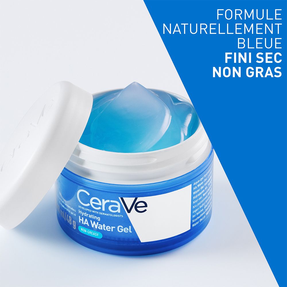 Pot bleu ouvert. Inscription CeraVe, Hydrating HA Water Gel. Texture gel bleue visible.