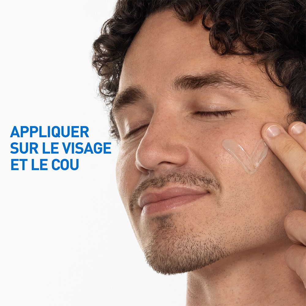 Homme appliquant du gel. Texte: Appliquer sur le visage et le cou. CeraVe.