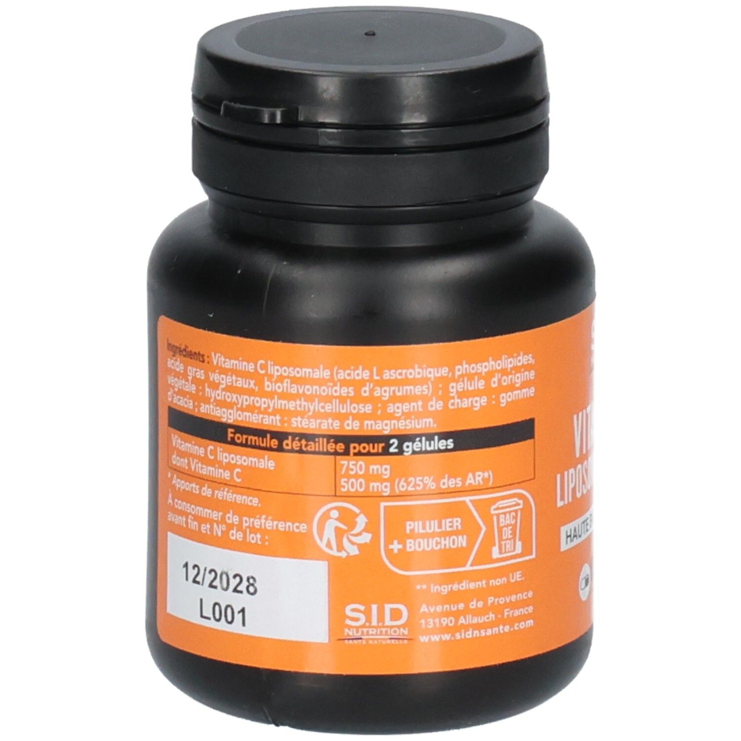Arrière de la boîte de SID NUTRITION Vitamine C Liposomale 500 mg avec liste d'ingrédients et date de péremption.