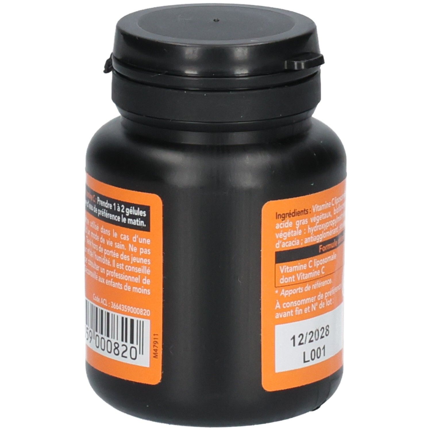Vue latérale de la boîte de SID NUTRITION Vitamine C Liposomale 500 mg avec code-barres et numéro de lot.