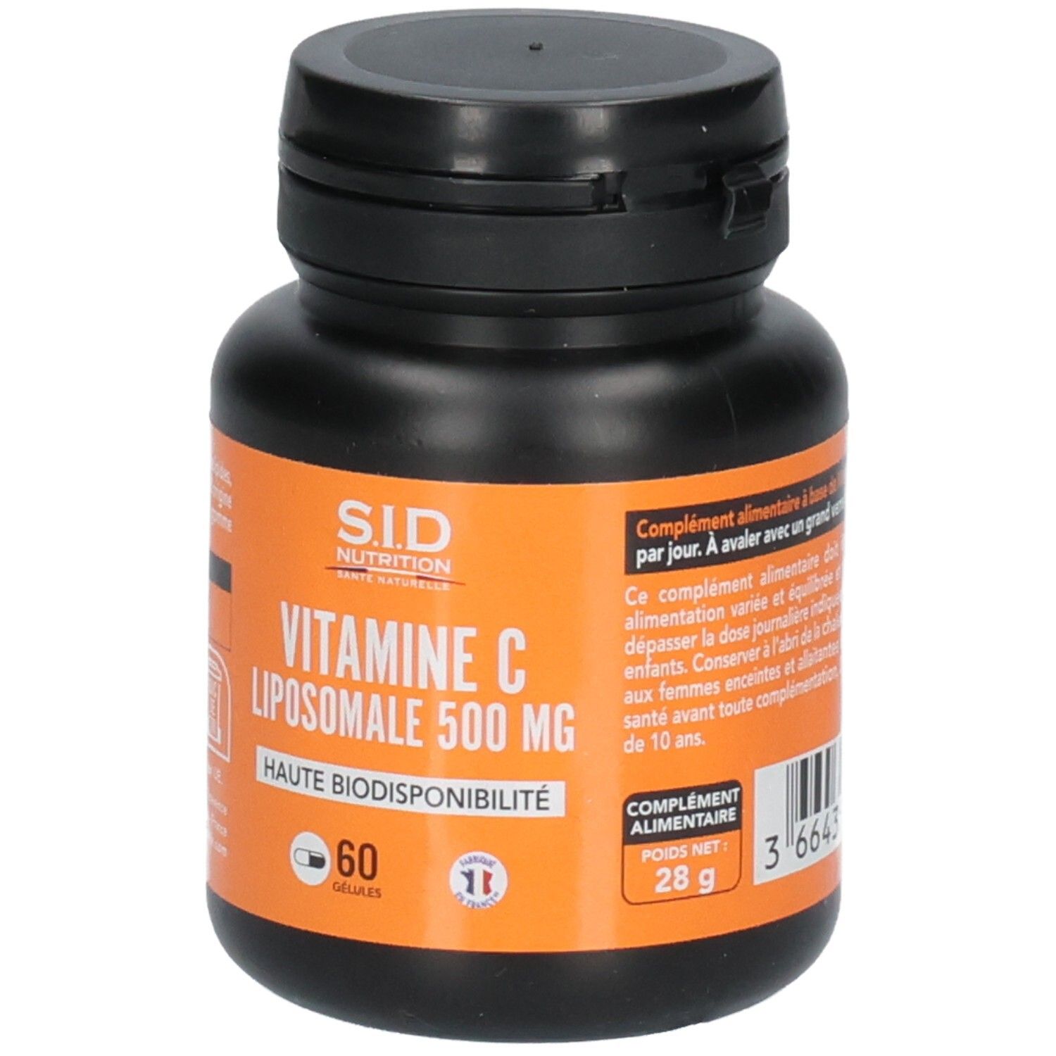 Face avant de la boîte de SID NUTRITION Vitamine C Liposomale 500 mg, 60 gélules, poids net 28g.