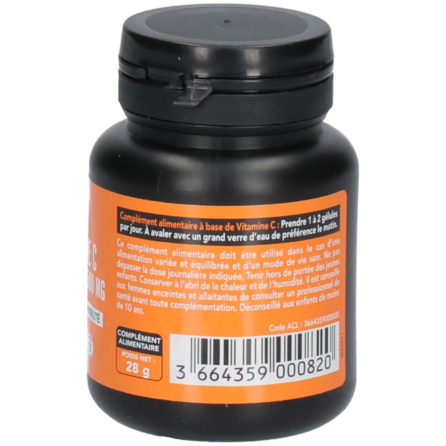 Vue latérale de la boîte de SID NUTRITION Vitamine C Liposomale 500 mg avec instructions d'utilisation et code-barres.