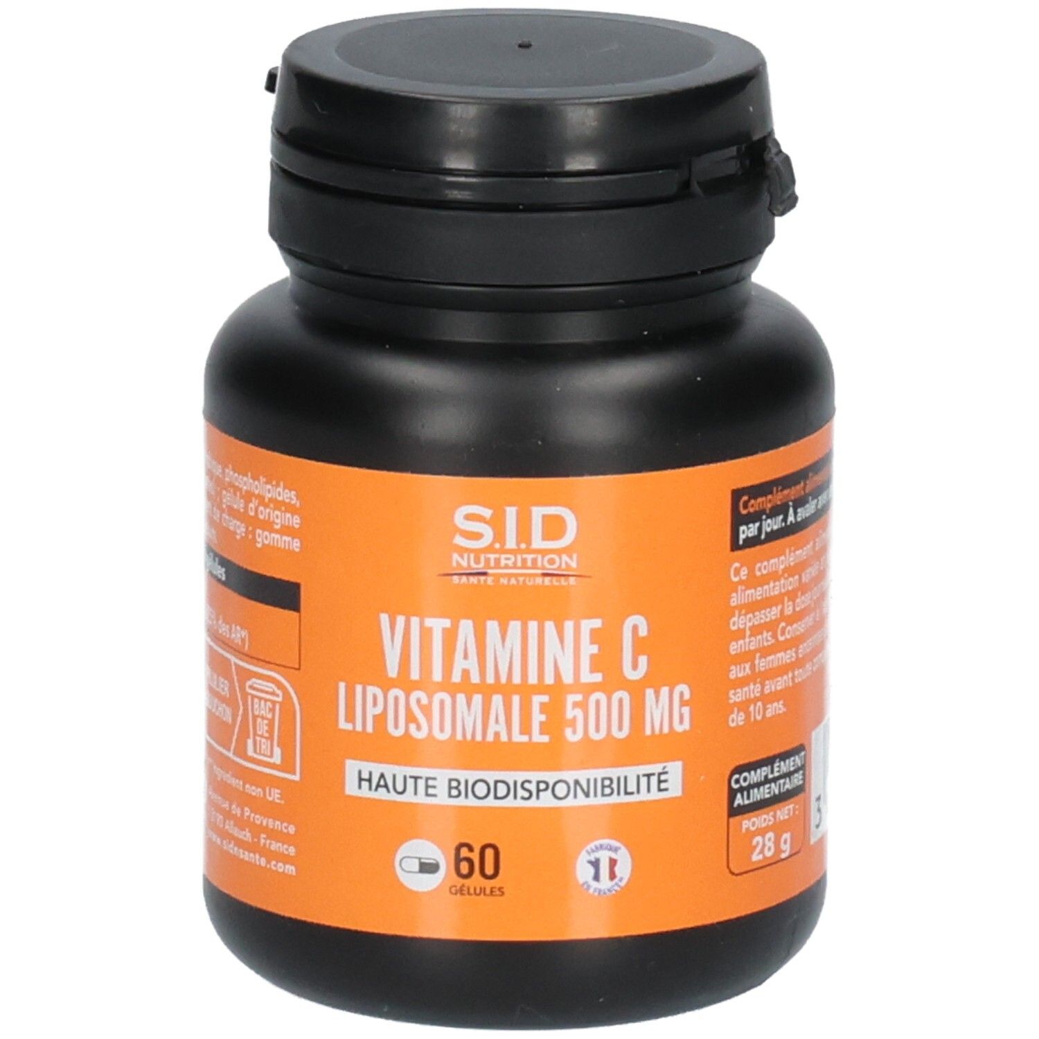Face avant de la boîte de SID NUTRITION Vitamine C Liposomale 500 mg, 60 gélules, poids net 28g.