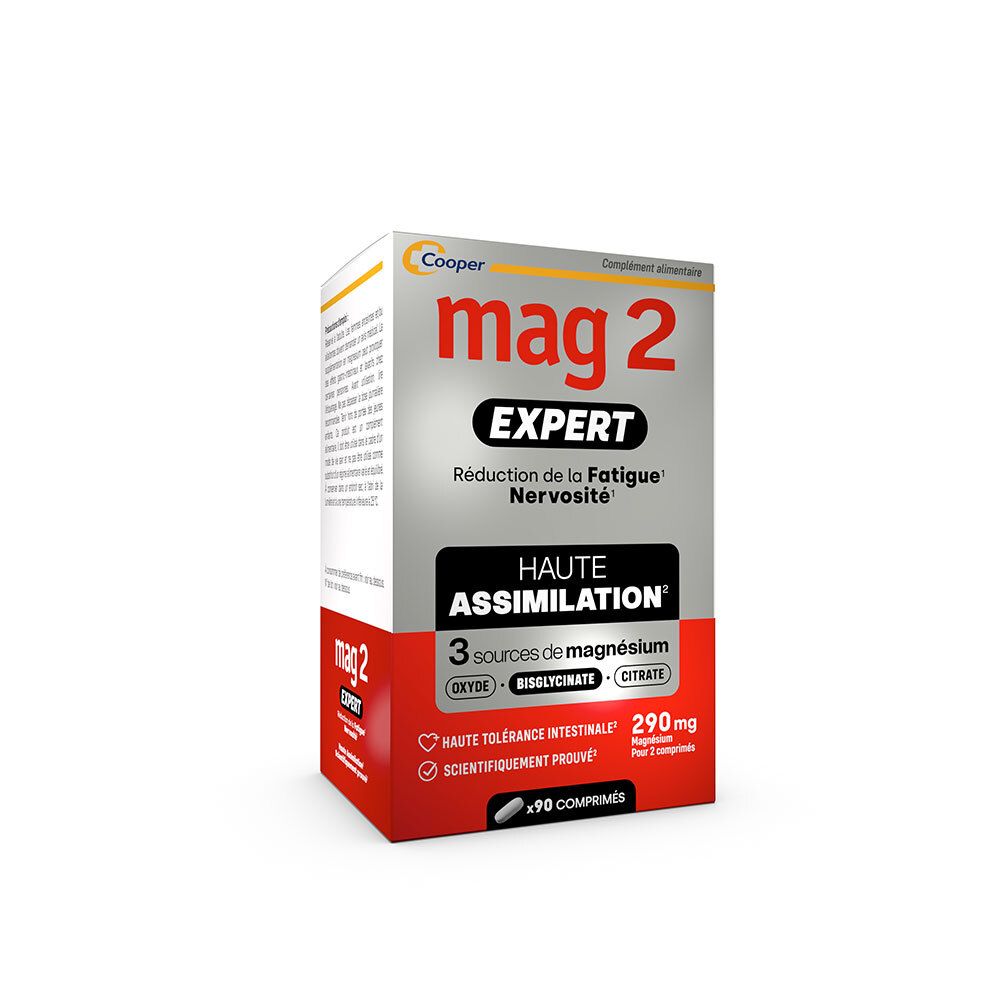 Boîte MAG 2 EXPERT de 90 comprimés, complément alimentaire magnésium pour réduire la fatigue et la nervosité.