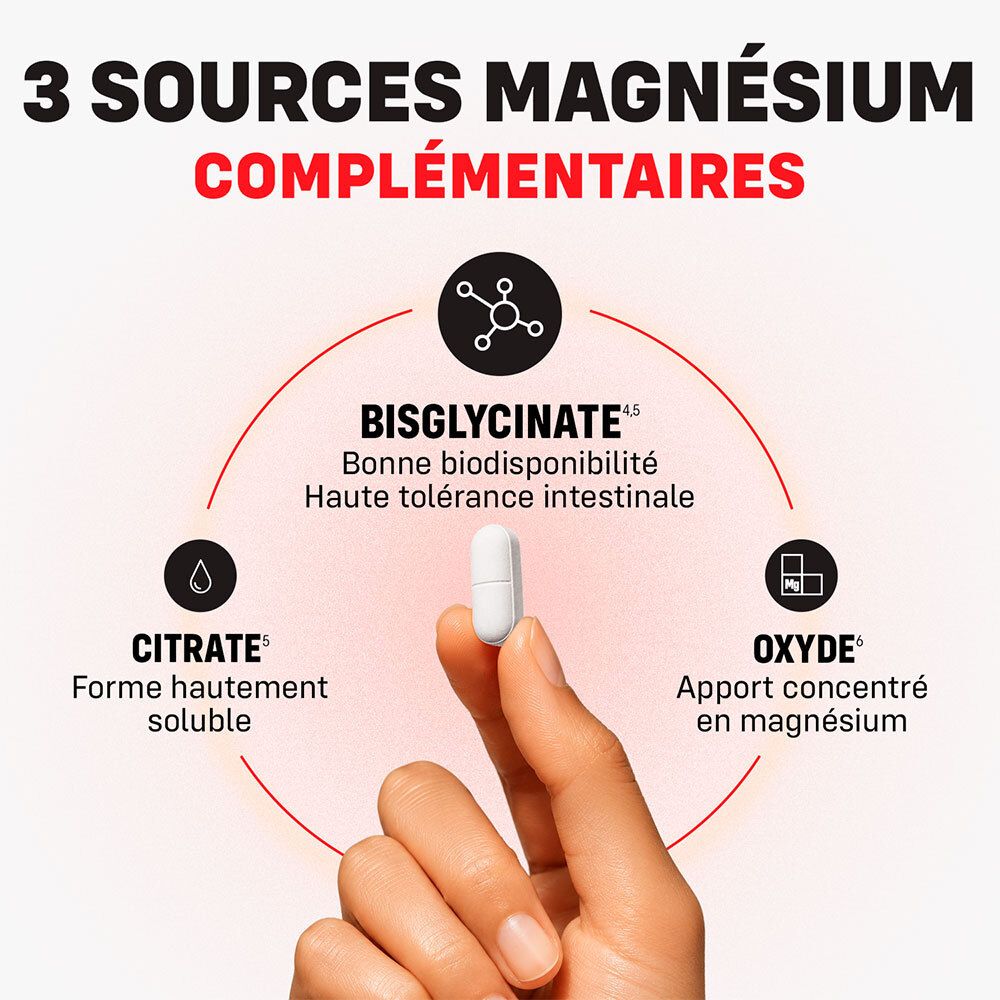 Trois sources de magnésium : bisglycinate, citrate, oxyde. Haute biodisponibilité et tolérance intestinale.