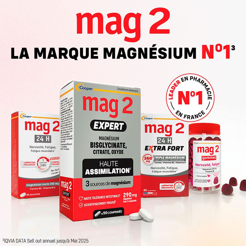 MAG 2 : N°1 des marques de magnésium en France. Produits variés : EXPERT, 24H, EXTRA FORT, GUMMIES.
