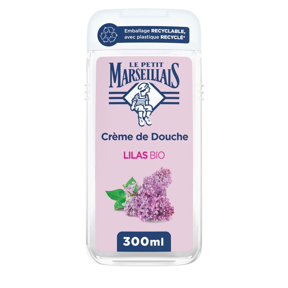 Le Petit Marseillais Crème de Douche Lilas BIO, flacon 300ml avec illustration de fleurs de lilas.