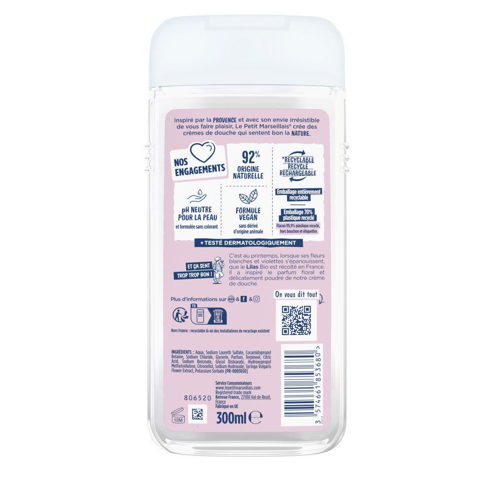 Arrière du flacon Le Petit Marseillais Crème de Douche Lilas BIO avec informations produit et logos.
