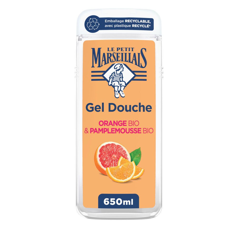 Gel douche Le Petit Marseillais Orange & Pamplemousse Bio, 650ml. Flacon transparent avec étiquette orange et illustrations de fruits.