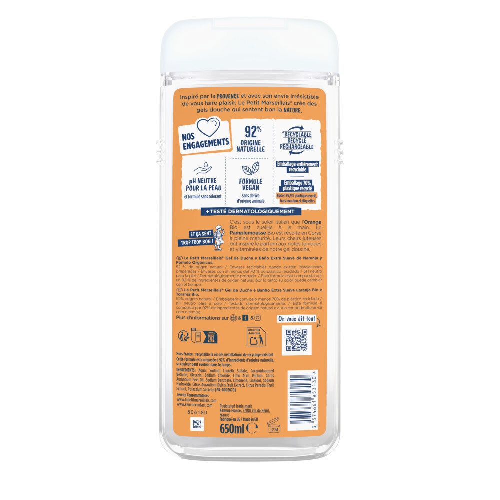 Arrière du gel douche Le Petit Marseillais Orange & Pamplemousse Bio. Informations sur les ingrédients, certifications et recyclage.