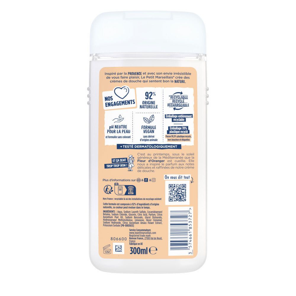 Arrière du flacon Le Petit Marseillais Crème de Douche avec ingrédients et certifications.