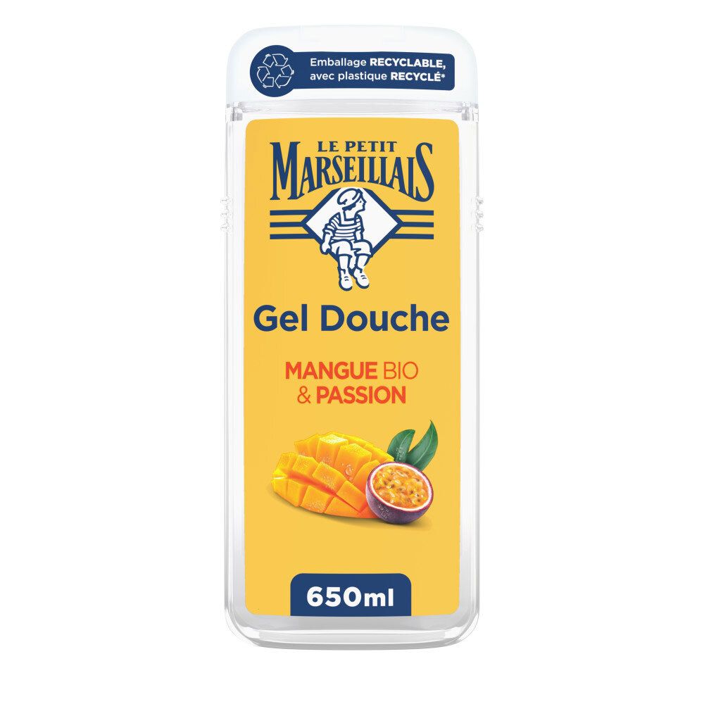 Gel douche Le Petit Marseillais Mangue & Passion, flacon 650ml avec illustration de fruits.