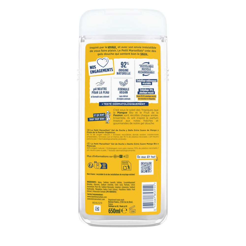 Dos du gel douche Le Petit Marseillais Mangue & Passion, 650ml, avec informations sur les ingrédients et labels.