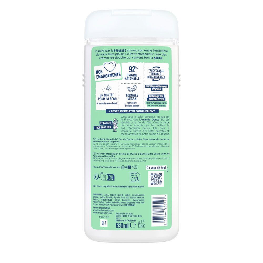 Arrière de la crème de douche Le Petit Marseillais Lait d'Amande Douce BIO, 650ml.