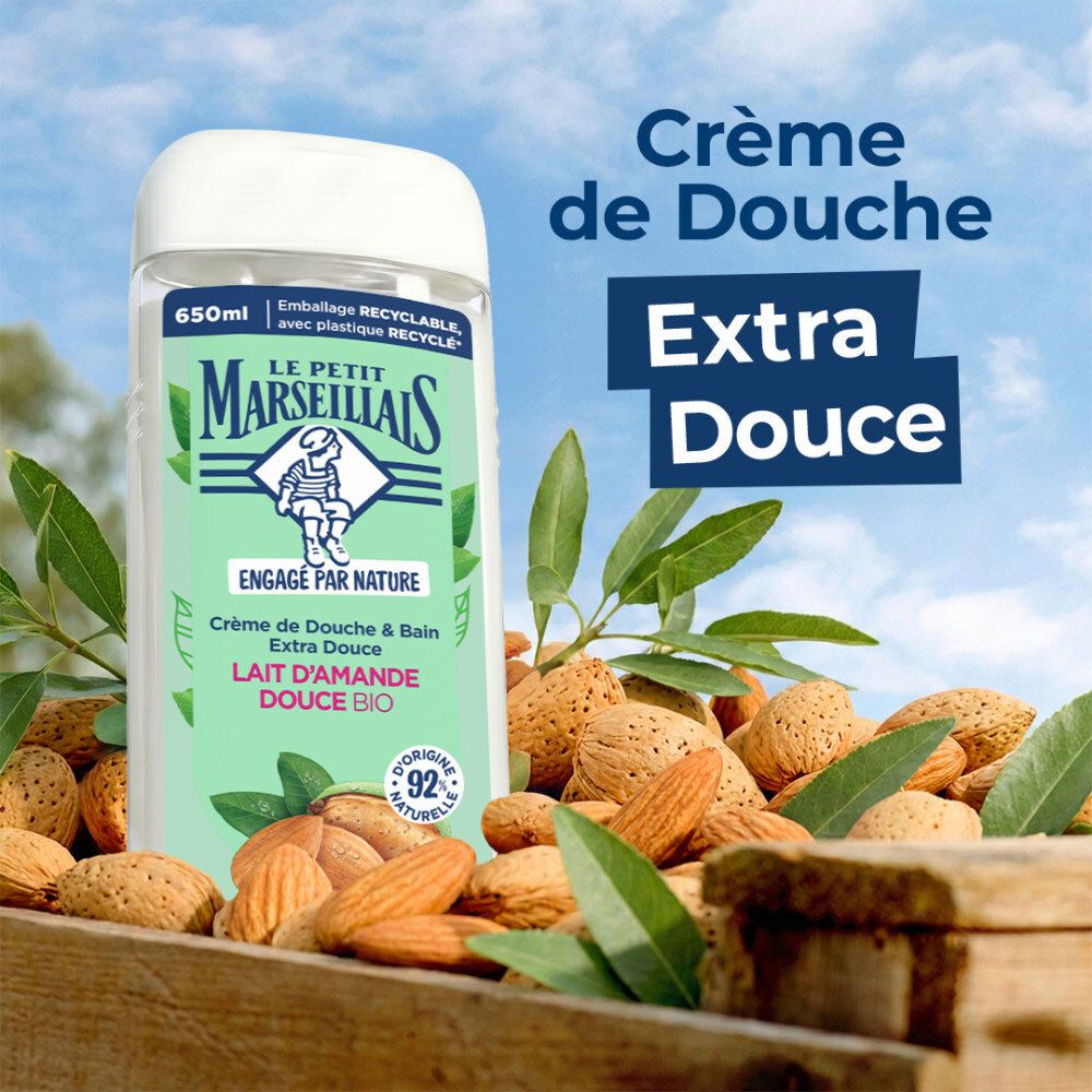 Crème de douche Le Petit Marseillais Lait d'Amande Douce BIO, 650ml, avec amandes.