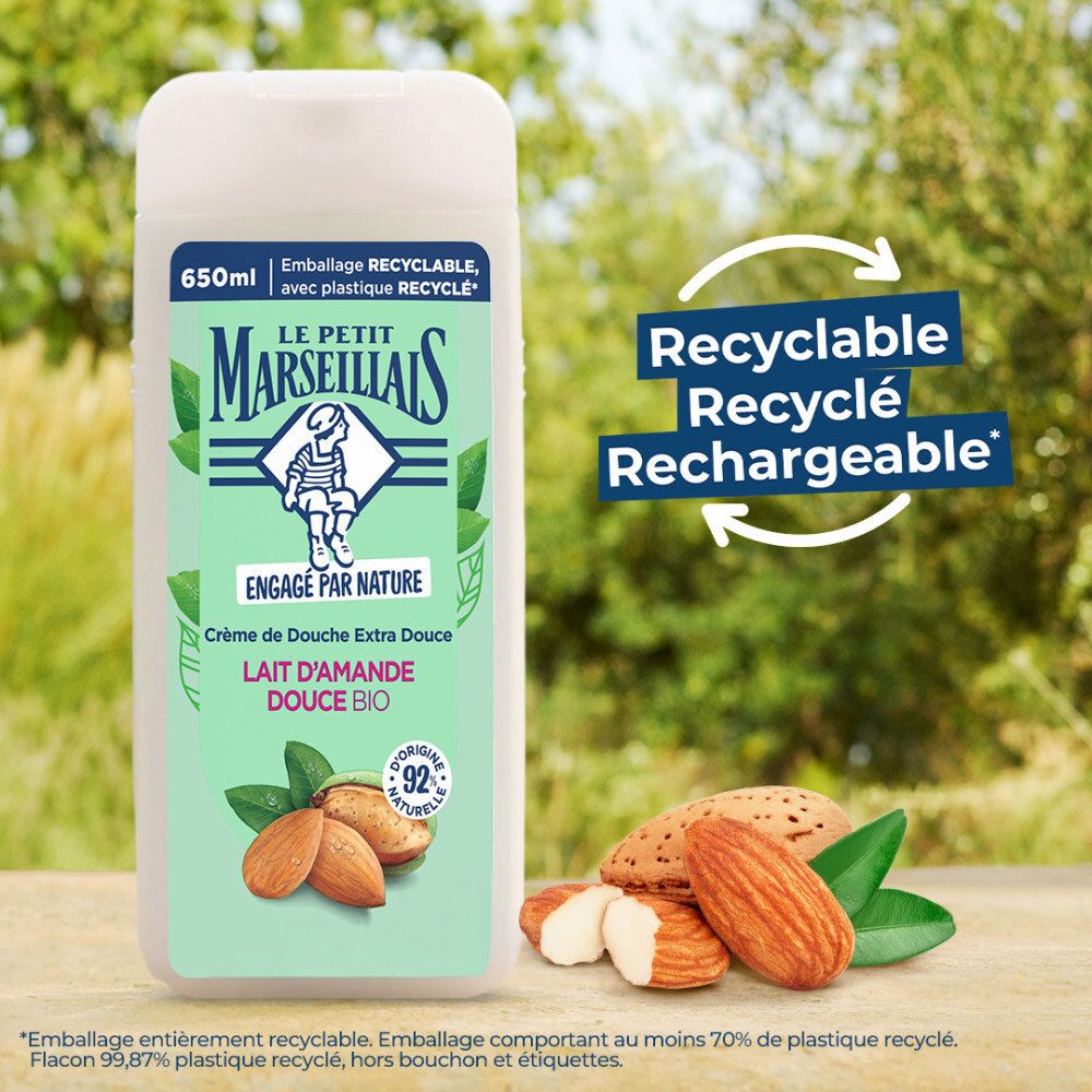 Crème de douche Le Petit Marseillais Lait d'Amande Douce BIO, 650ml, avec symbole recyclage.
