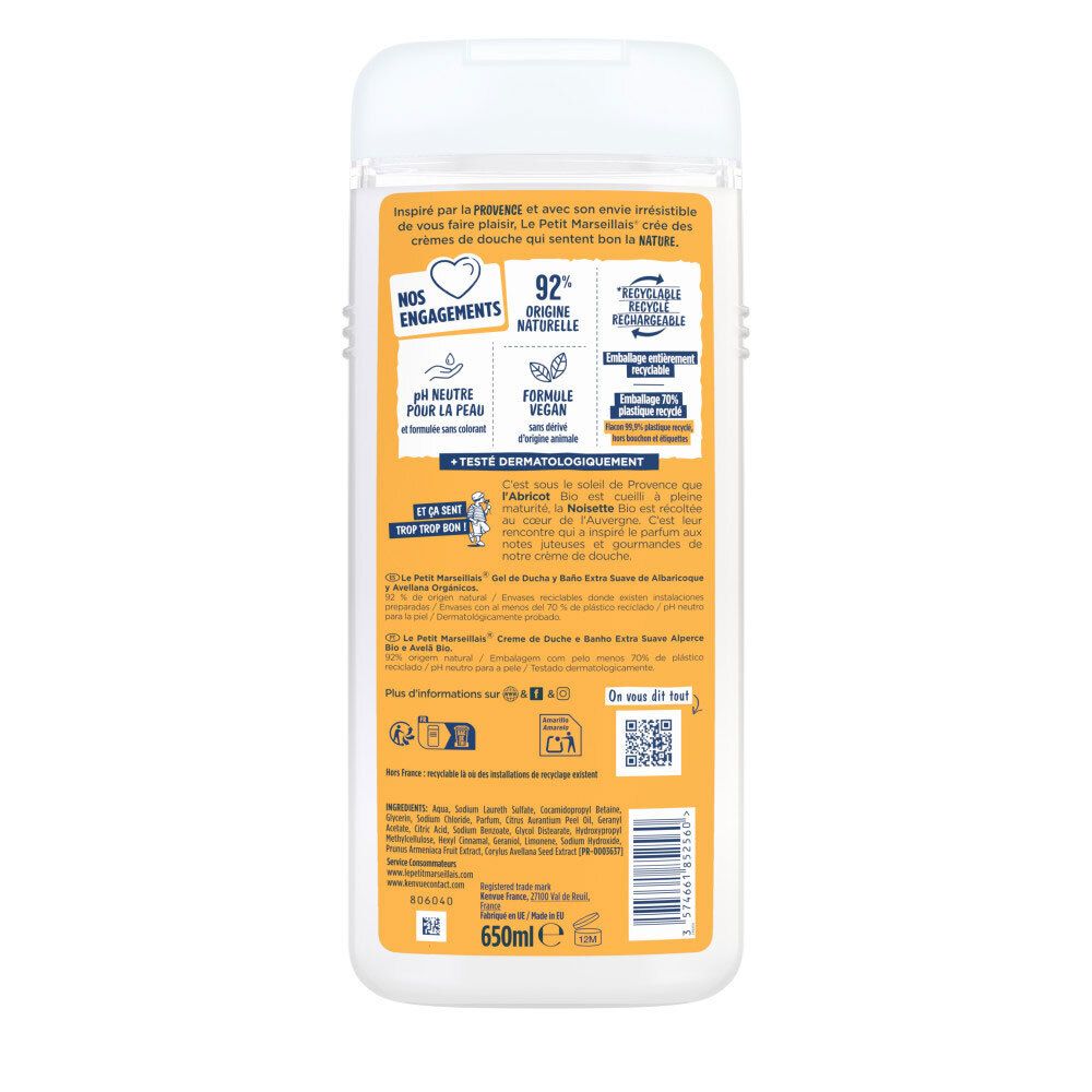 Dos de la crème de douche Le Petit Marseillais Abricot Bio & Noisette Bio, 650ml.